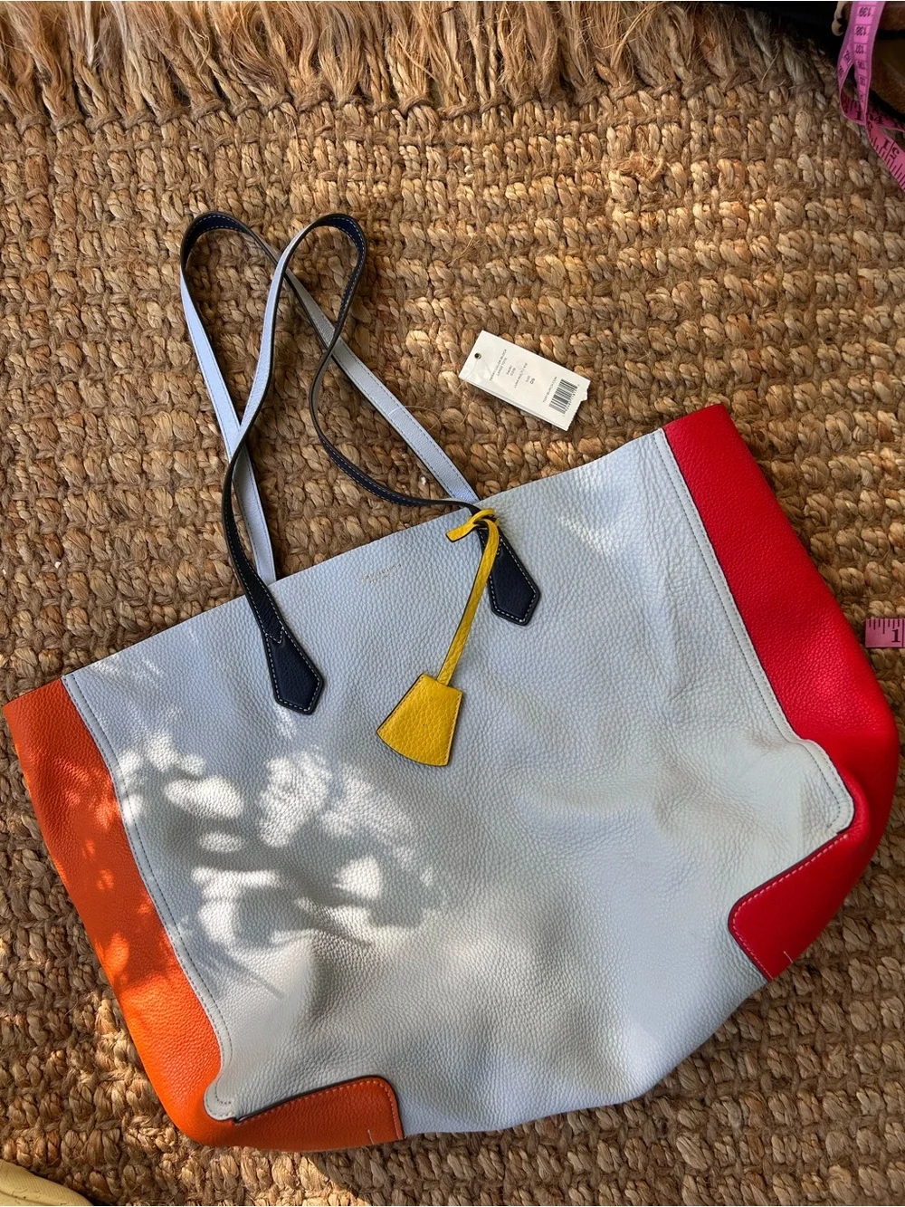 Tory Burch baby blue Pebbled Leather Tote with Orange, Red & Yellow Accents
